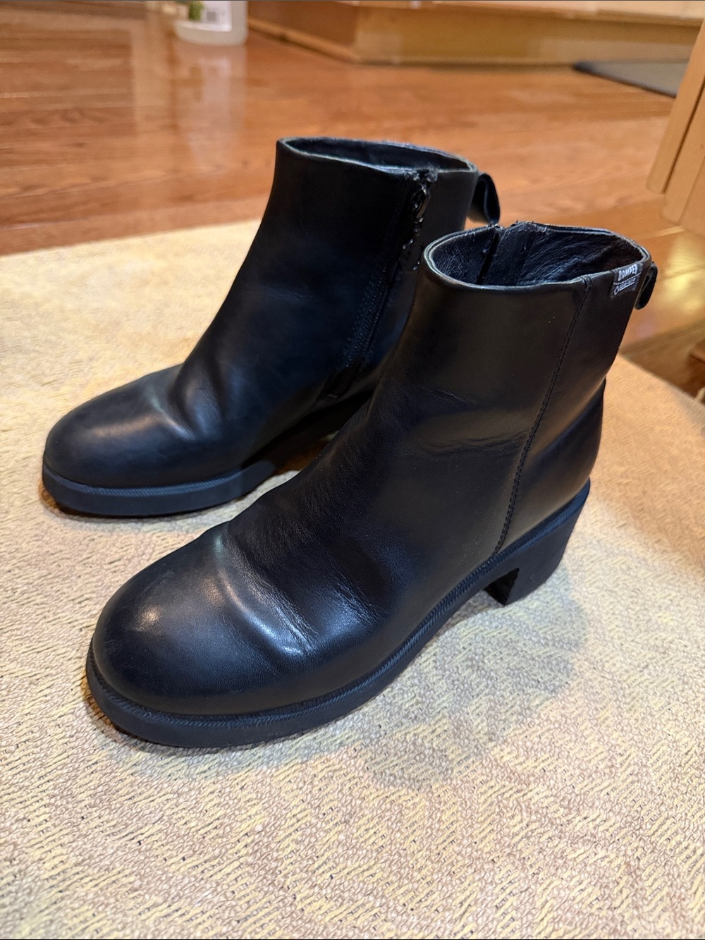 Camper Black Leather Ankle Boots with Low Block Heel